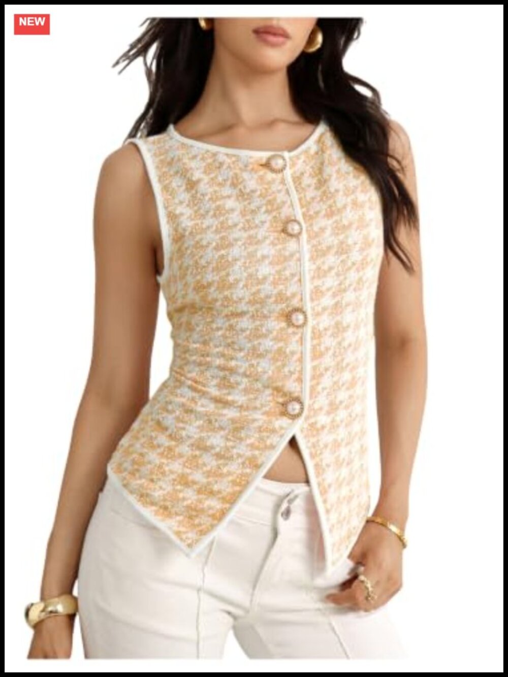 Houndstooth Button Up Split Hem Crew Neck Dressy Vest Top